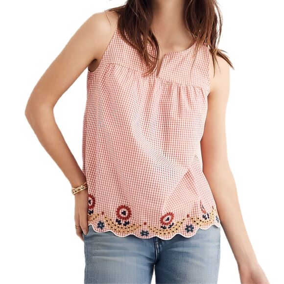 Madewell NWT $78 Red & White Floral Embroidered Sunset Gingham Top Size XS (0-2) - Picture 1 of 10